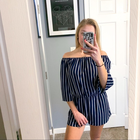 Ambiance white and blue striped off the shoulder romper - Picture 2 of 6